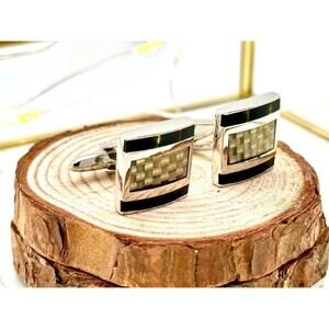 Vintage Carbon Fiber Style Rectangular Cufflinks Silver Tone Black Check Inlay